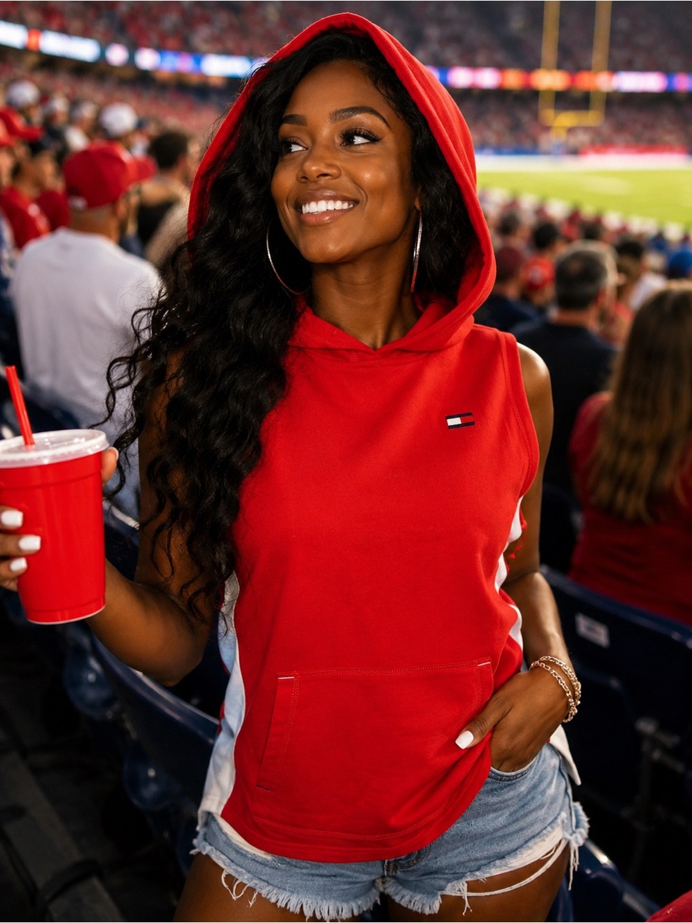Tommy Hilfiger Red Sleeveless Hoodie with White Side Panels - Picture 1 of 7